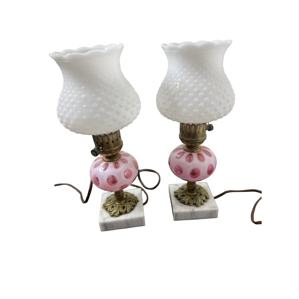Vintage Fenton Glass Cranberry Pink Coin Dot Marble Base Electrical Lamps Pair